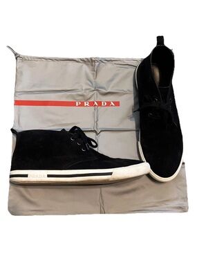 Vintage Prada Linea Rossa Sneaker Mens Shoes Black Suede Leather Sz 9.5 US 42 EU